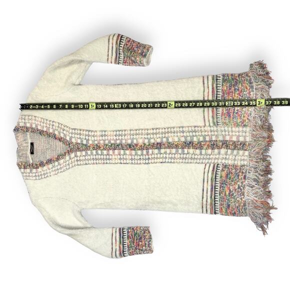 Janice Fuzzy Longline Cardigan Cream Southwestern Trim Fray Fringe Medium - Picture 14 of 14